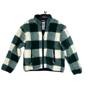 NWT J. Crew Kids Boys Large 10-11 Green White Plaid Faux Fur Zip Sherpa Jacket